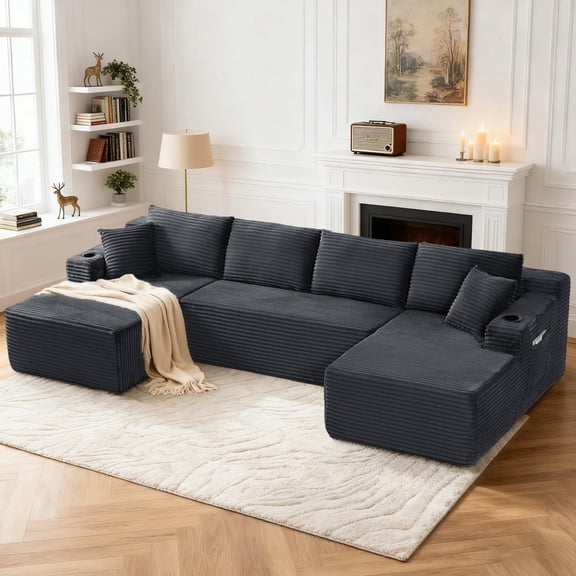 QuzyAor 134" U Shaped Boneless Couch,Comfy Cloud Deep Seat, Modular Sectional Sofa with Cup Holders, Free Combination, Modern Corduroy Foam Compressed Sofas Set for Living Room, Apartment ,Black