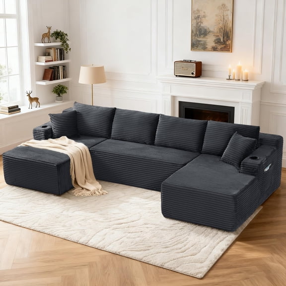 Tmsan 134" U Shaped Boneless Couch,Comfy Cloud Deep Seat, Modular Sectional Sofa with Cup Holders, Free Combination, Modern Corduroy Foam Compressed Sofas Set for Living Room, Apartment ,Black