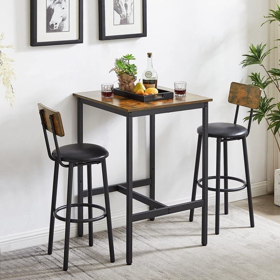 Tmsan 3 Piece Long Bar Table and Chairs Set, Square High Top Pub Bistro Tables with Stools, Industrial Dining Table Set for Breakfast Nook, Living Room,Kitchen, Small Space, Bars,Rustic Brown