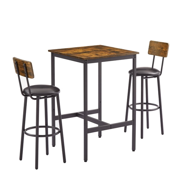 QuzyAor 3 Piece Long Bar Table and Chairs Set, Square High Top Pub Bistro Tables with Stools, Industrial Dining Table Set for Breakfast Nook, Living Room,Kitchen, Small Space, Bars,Rustic Brown