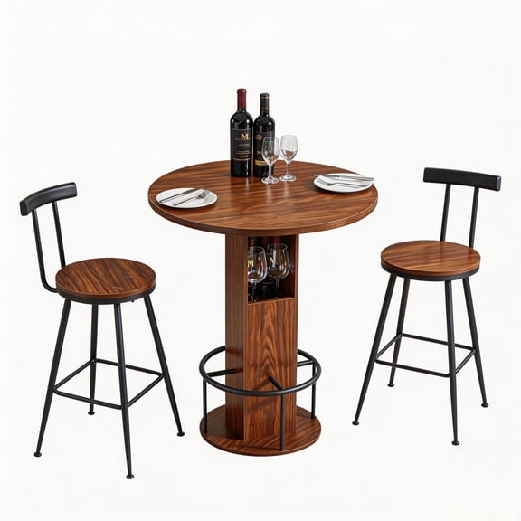 Tmsan 3 Piece Long Bar Table Set,Counter Height Bistro Sets with 2 Barstools for Indoor,for Small Space Restaurant,Industrial Dining Tables Set,for Breakfast Nook,Living Room,Kitchen,Brown