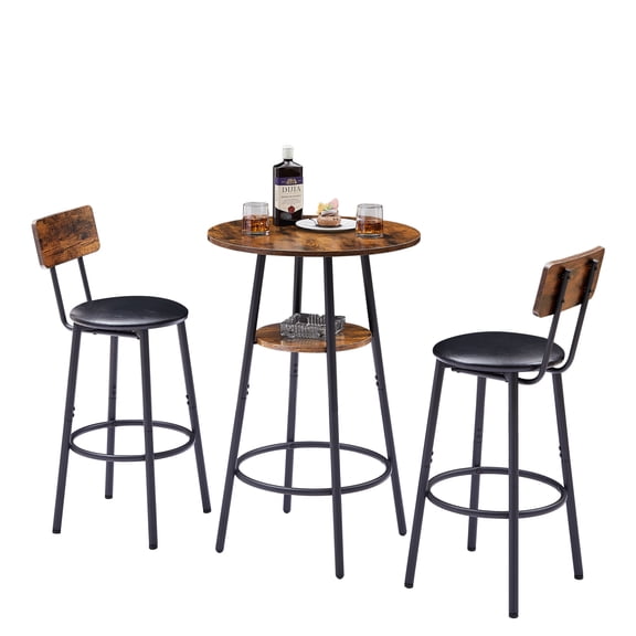 Tmsan 3-Piece Bar Table and Chairs Set, Industrial Round Pub Table with 2 PU Stools, Counter Height Dining Set for Small Kitchen, Rustic Brown