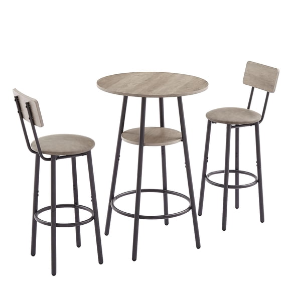 QuzyAor 3-Piece Bar Table Set for 2, Industrial 2-Tier Round Pub Table, PU Stools with Backrest, Counter Height for Kitchen, Gray