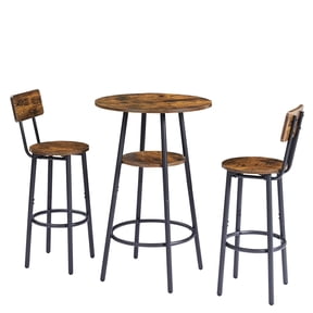 QuzyAor 3-Piece Round Bar Height Table with 2 Stools Industrial Pub Dining Set, Rustic Brown for Kitchen Breakfast Nook
