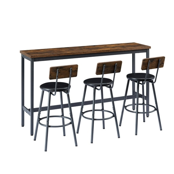 QuzyAor 4 Piece Long Bar Table and Chairs Set, Industrial High Top Pub Dining Set for Kitchen, Living Room, Rustic Brown