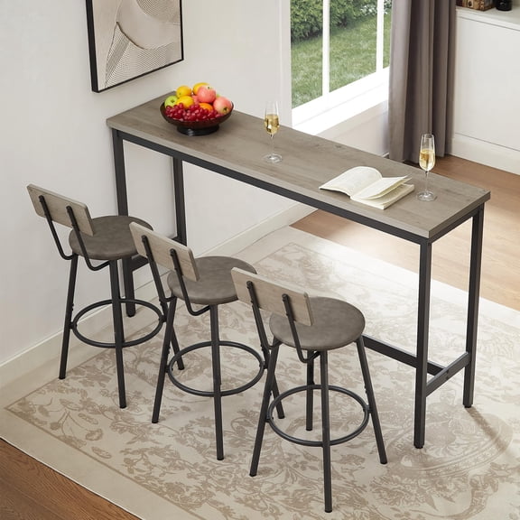 QuzyAor 4 Piece Long Bar Table and Chairs Set, Industrial Counter Height Dining Table with 3 Stools, Metal Pub Table and Chairs, Rustic Gray
