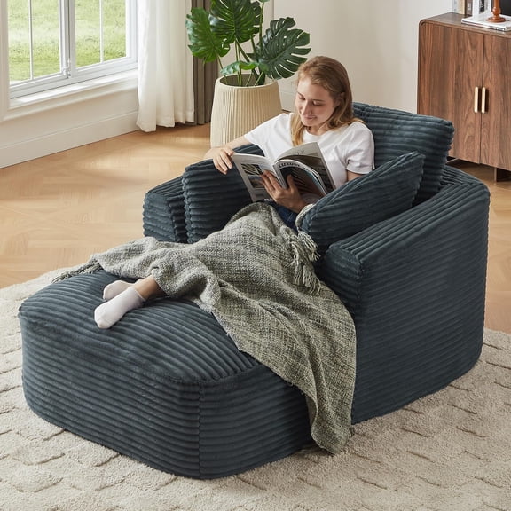 Tmsan 45.3”W Oversized Chaise Lounge Chair Indoor, Corduroy Comfy Boneless Sleeper Sofa Couch with 3 Pillows, Reading Chairs for Living Room, Apartment, ,Bedroom,No Assembly, Grey