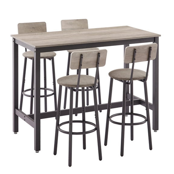QuzyAor 5-Piece Bar Table Set with 4 Stools, 47" Rectangular Pub Table and Chairs, Bar Height Industrial Grey Wood for Small Kitchen, Breakfast Nook