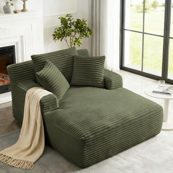 Tmsan 50" W Oversized Chaise Lounge Chair Indoor, Corduroy Comfy Upholstered Boneless Sofa Bed, Deep Seat Sleeper Couch Reading Chairs, Cloud Sofas Couches for Living Room, No Assembly,Green