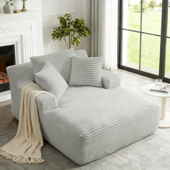 Tmsan 50" W Oversized Chaise Lounge Chair Indoor, Corduroy Comfy Upholstered Boneless Sofa Bed, Deep Seat Sleeper Couch Reading Chairs, Cloud Sofas Couches for Living Room, No Assembly,Light Gray