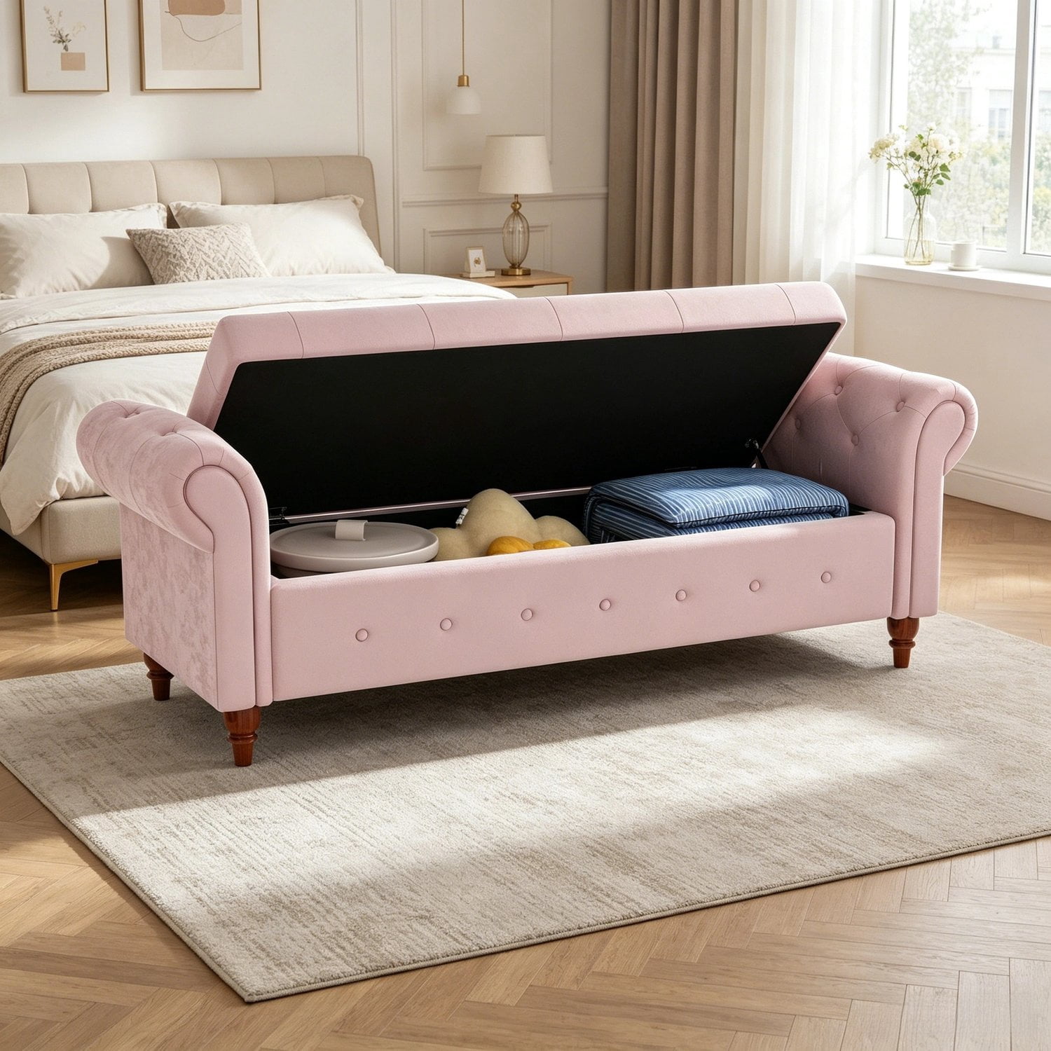 Tmsan 63" Modern Storage Ottoman Bench, Bedroom End of Bed Upholstered Benches, Window Footrest Stool,for Living Room, Entryway, Pink (Velvet)
