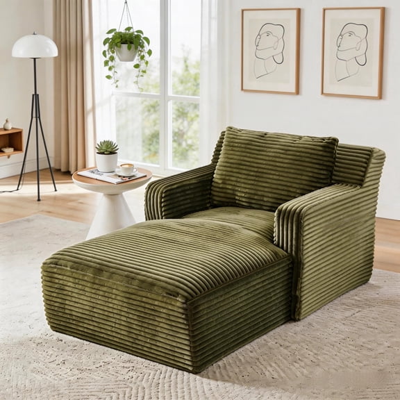Tmsan 65.4" Corduroy Chaise Lounge Chair, Oversized Boneless Reading Chair with 3 Pillows, Comfy Deep Seat for Living Room, Bedroom,Green