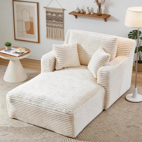 Tmsan 65.4" Chaise Lounge Chair Indoor, Corduroy Oversized Boneless Chairs Sofa Bed with 3 Pillows, Deep Seat Comfy Upholstered Reading for Living Room,Office, Bedroom, Apartment, White