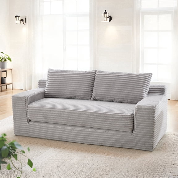 QuzyAor 70" Corduroy Convertible Loveseat Sofa, 2 in 1 Cloud Sleeper Sofas with Fixed-Shape Frame, Comfy Folding Boneless Love Seat Couches for Living Room, Apartment, Bedroom, Office,Grey