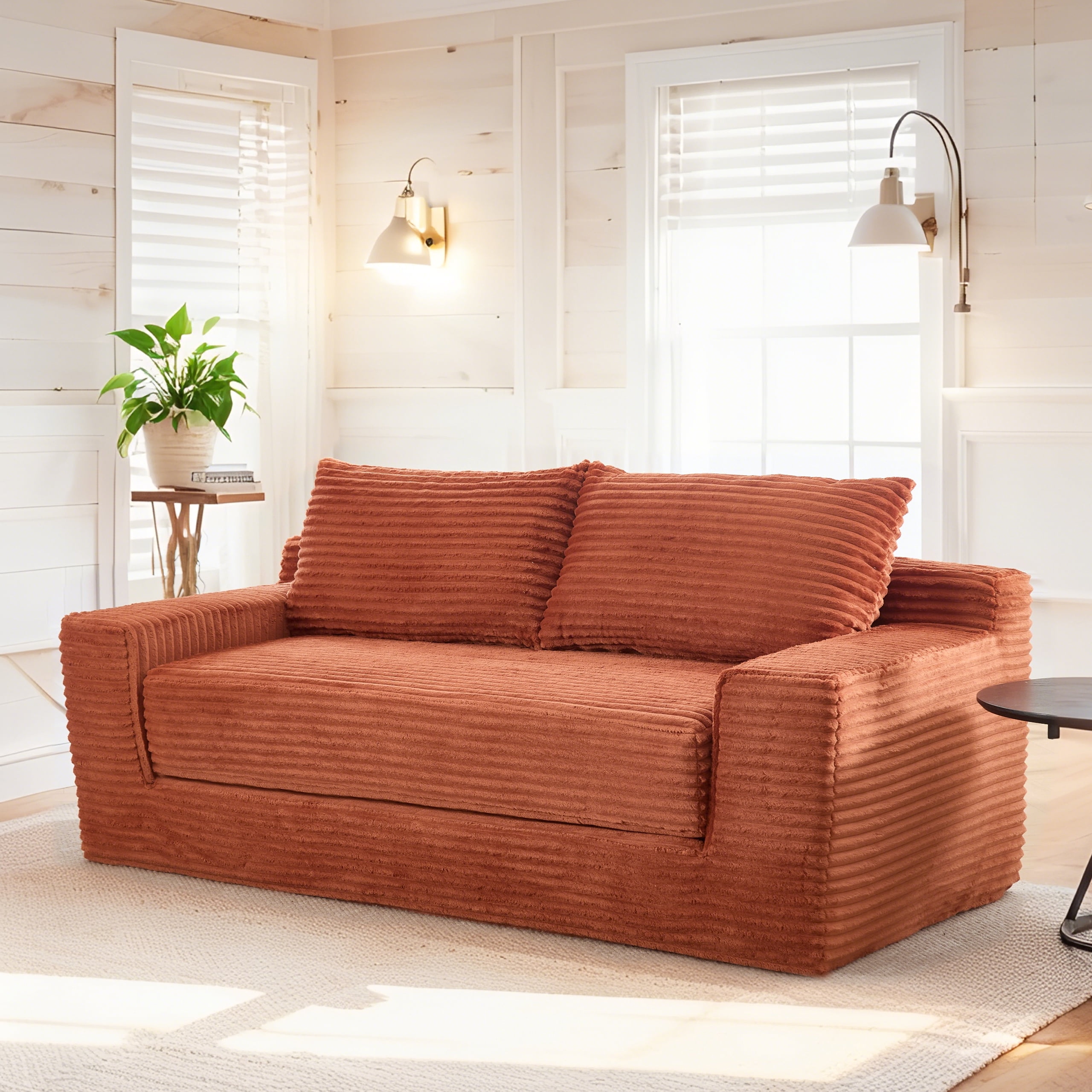 Tmsan 70" Corduroy Convertible Loveseat Sofa, 2 in 1 Cloud Sleeper Sofas with Fixed-Shape Frame, Comfy Folding Boneless Love Seat Couches for Living Room, Apartment, Bedroom, Office,Orange