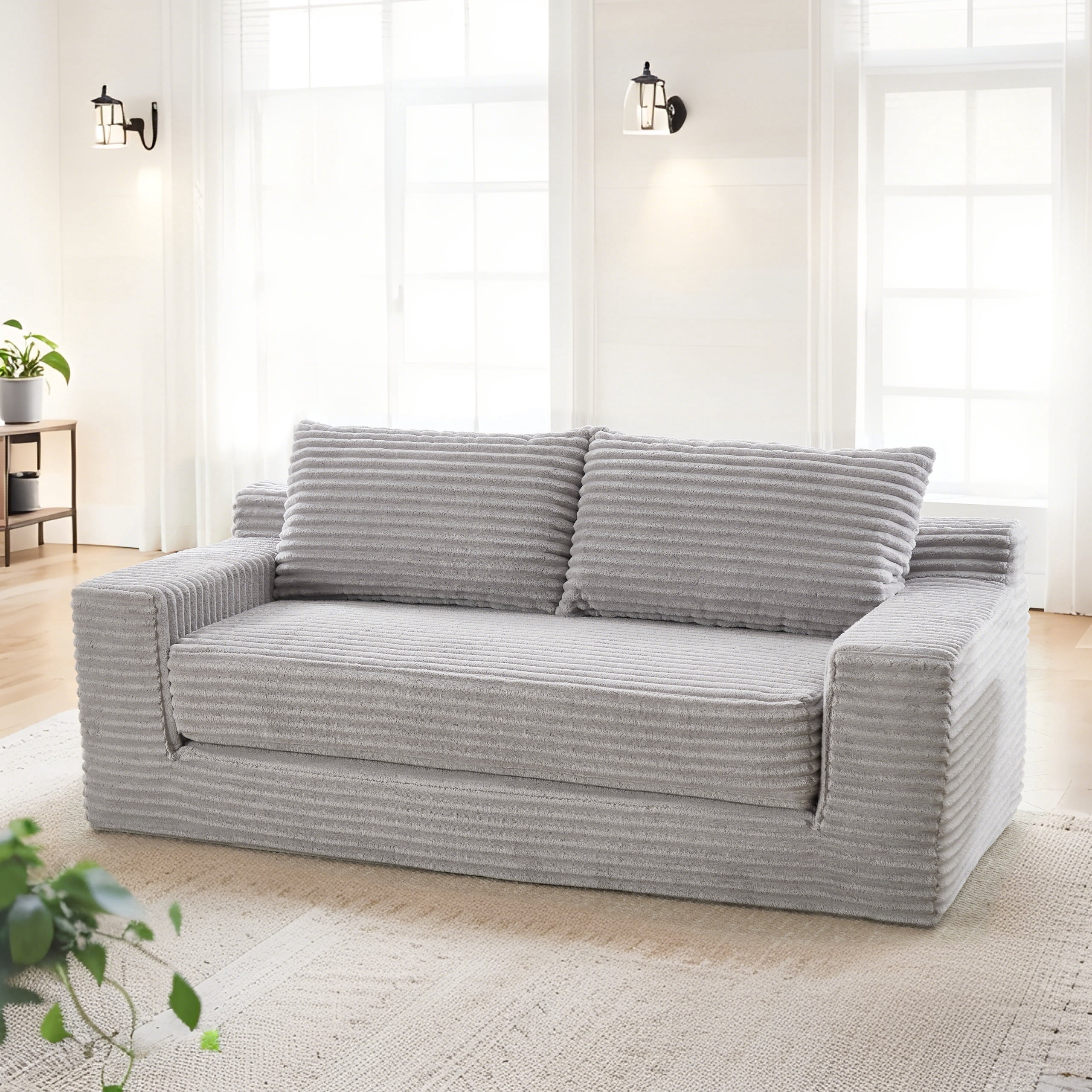 Tmsan 70" Corduroy Convertible Loveseat Sofa, 2 in 1 Cloud Sleeper Sofas with Fixed-Shape Frame, Comfy Folding Boneless Love Seat Couches for Living Room, Apartment, Bedroom, Office,Grey