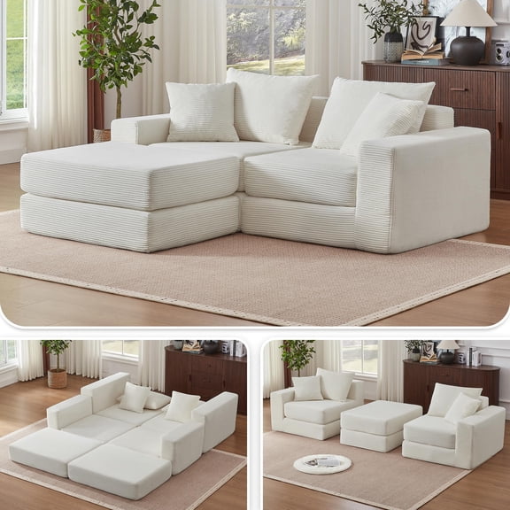 Tmsan 73.6" Modular Sectional Sofa,boneless loveseat couch with 4 Pillows,Classic L-Shape Design Convertable, for Living Room and Office,White