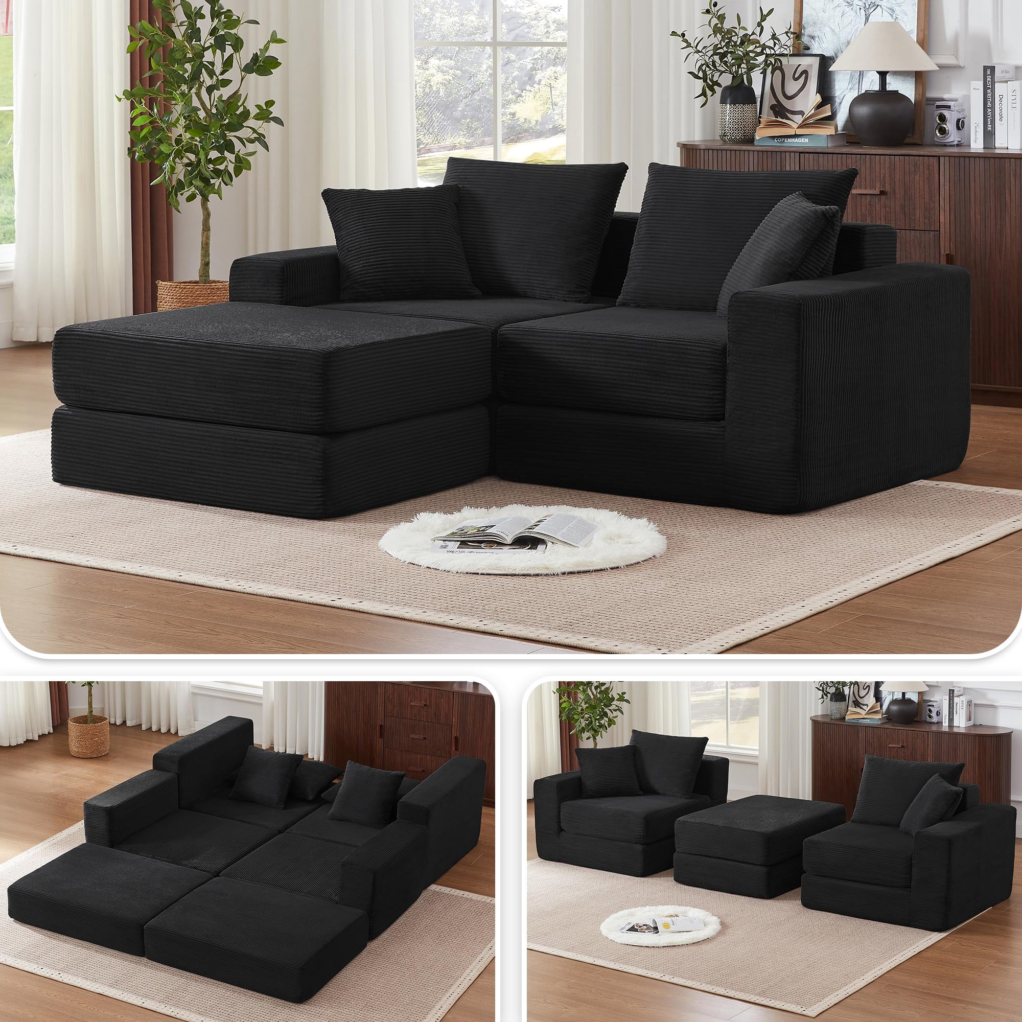 Tmsan 73.6" Modular Sectional Sofa,boneless loveseat couch with 4 Pillows,Classic L-Shape Design Convertable, for Living Room and Office,Black