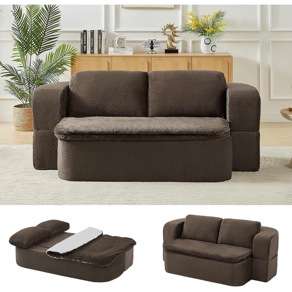 Tmsan 74.8" Convertible Sofa Bed,Corduroy Floor Sofas with Comfy Blanket and 2 Soft Pillows, 2-in-1 Fabric Loveseat Couch with Deep Seat, Curved Sleeper Couches for Living Room,Bedroom,Brown