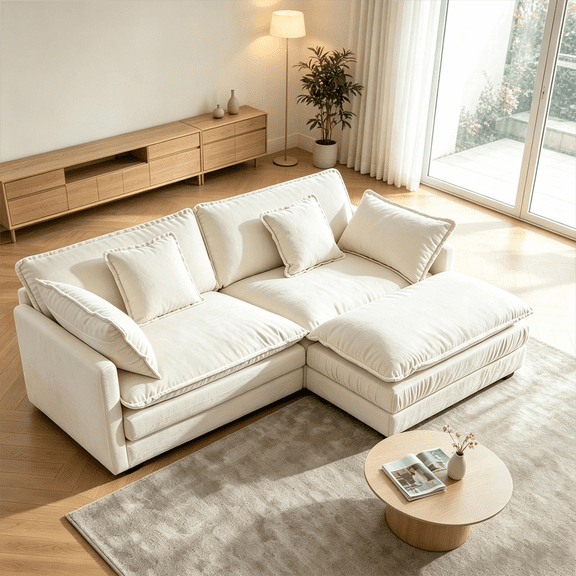 QuzyAor 76.7" Beige Chenille Cloud Couch, Deep Seat L-Shaped Modular Sectional Sofa with Ottoman for Small Space Apartment