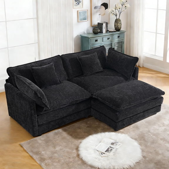 Tmsan Black Deep Seat Sectional Sofa,76.7" Modern Chenille Comfy Upholstered Modular Sofa, with Ottoman,L Shaped Couch for Living Room, Apartment, Studio, Office