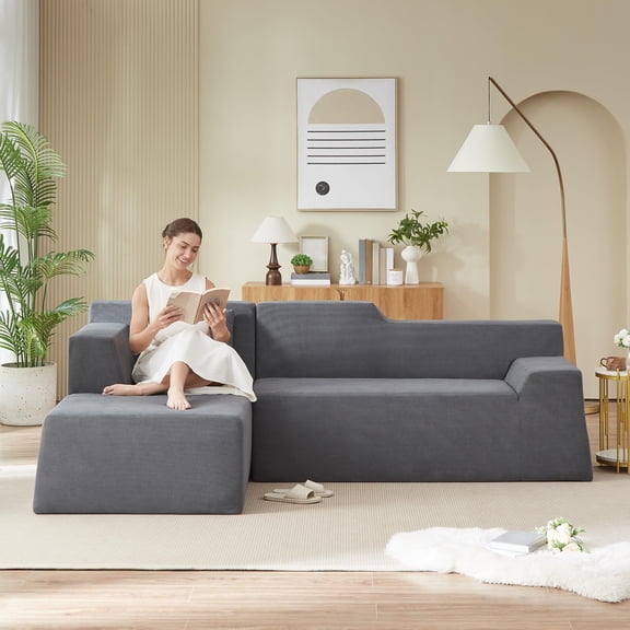Tmsan 96.5'' L-Shaped Modular Sectional Sofa, Modern High Back Corduroy Upholstered Boneless Couch, Comfy Cloud Compression Sofas, Chaise Lounge for Living Room Apartment Office, Grey