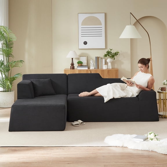 Tmsan 96.5'' L-Shaped Modular Sectional Sofa, Modern High Back Corduroy Upholstered Boneless Couch, Comfy Cloud Compression Sofas, Chaise Lounge for Living Room Apartment Office, Black