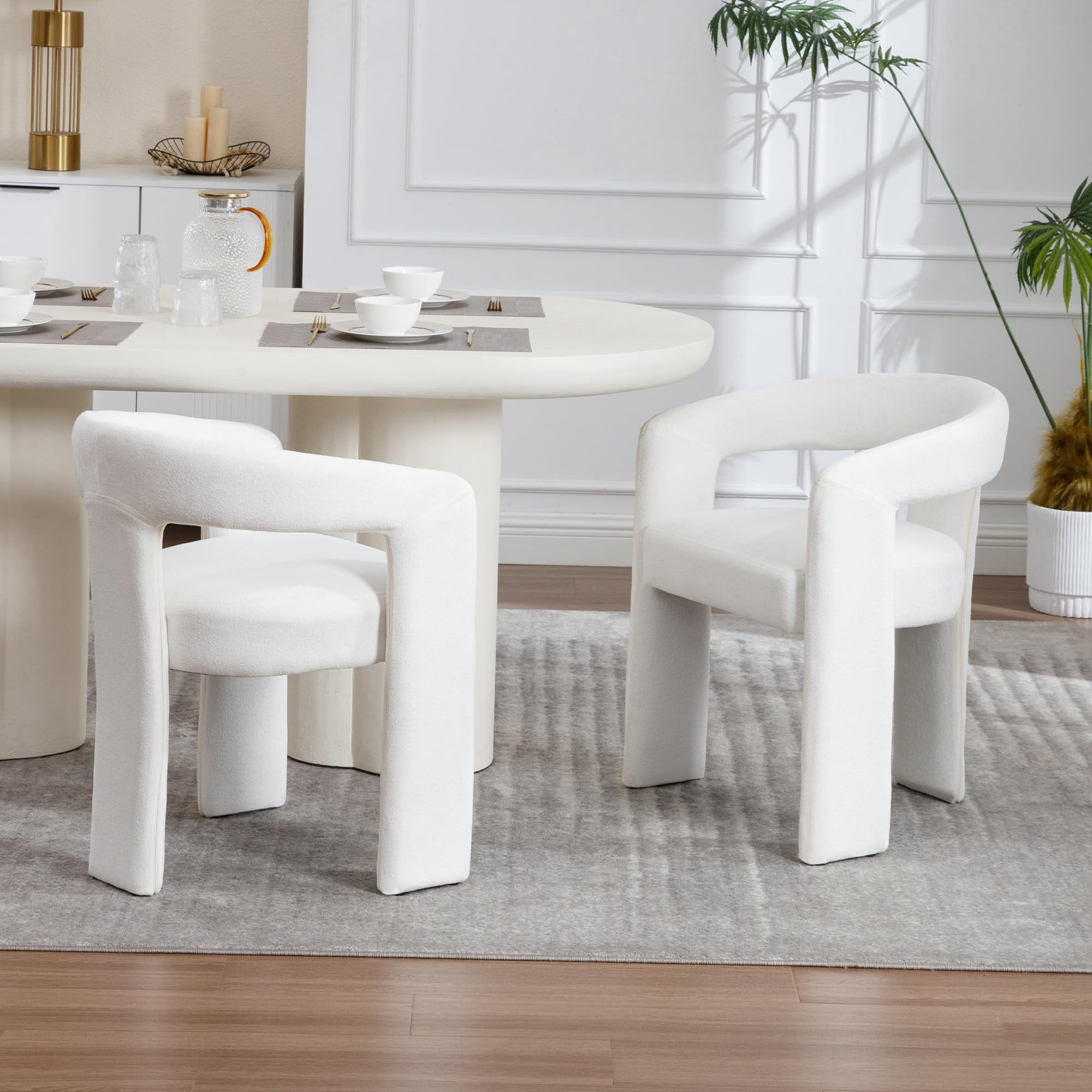 Tmsan Beige Modern Boucle Kitchen Chairs,Multipurpose Comfy Accent Armchair for Dining Room Living Room,2 Set Upholstered Barrel Kitchens Chair,Beige