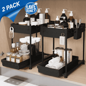 Tmtamye 2-Pack Under Sink Organizer, 2-Tier Sliding Drawer Storage Organizer, Black