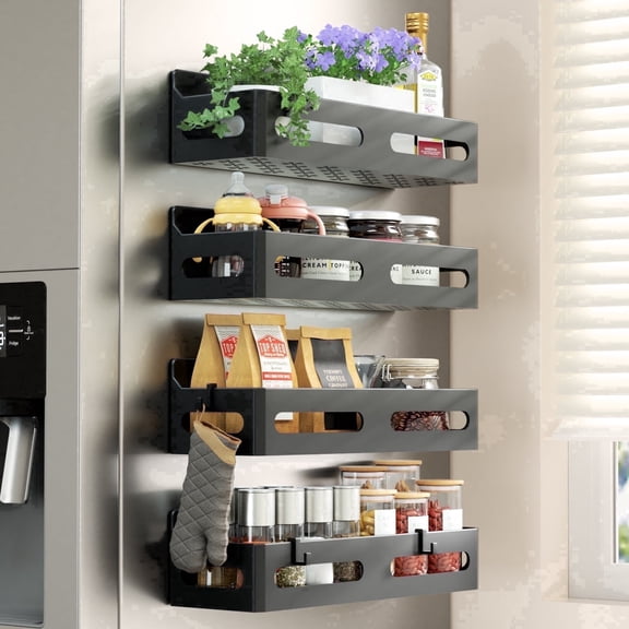 Tmtamye Magnetic Spice Rack Organizer, 4 Pack Magnetic Fridge Shelf, Black