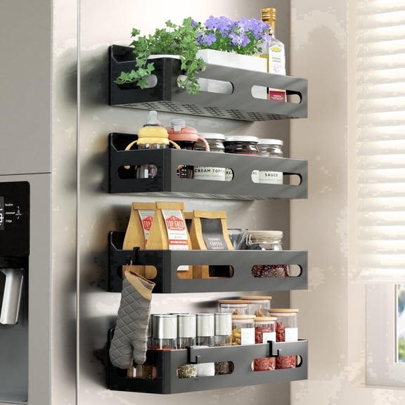 Tmtamye Magnetic Spice Rack Organizer, 4 Pack Magnetic Fridge Shelf, Black