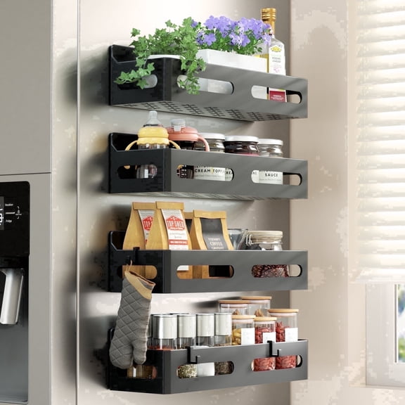 Tmtamye Magnetic Spice Rack Organizer, 4 Pack Magnetic Fridge Shelf, Black