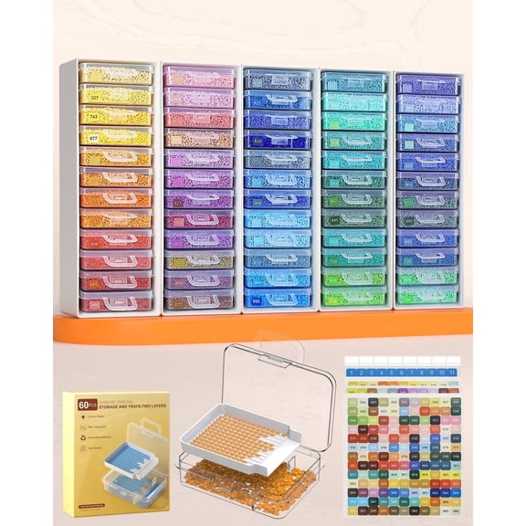 Tmtamye Diamond Painting Organizer, 60-Piece Two-Layer Storage Tray Set with Lids for Drill Beads and Craft Supplies