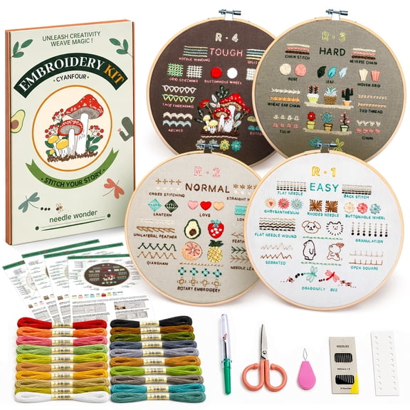 Tmtamye Embroidery Kit for Beginners, 4-Piece Set with 38 Stitch Patterns, Threads and Tools