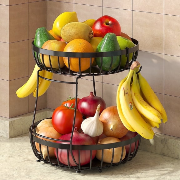 Tmtamye Fruit Basket with Banana Hook, 2-Tier Stackable Metal Storage Basket for Kitchen Counter, Black