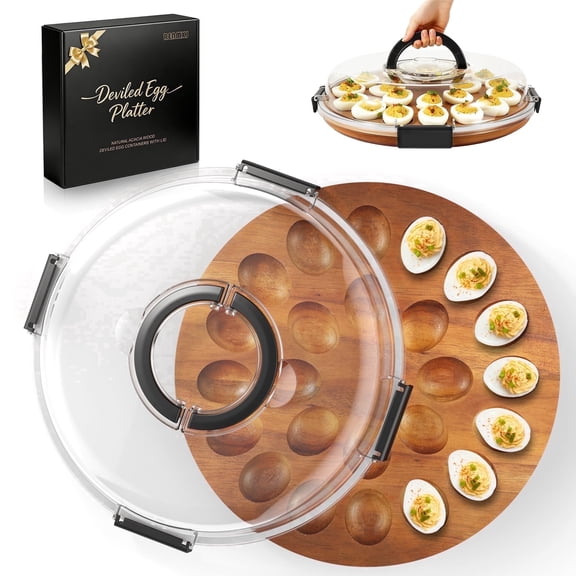 Tmtamye Portable Deviled Egg Tray with Lid, 24 Egg Acacia Wood Serving Tray for Parties, Black Handle