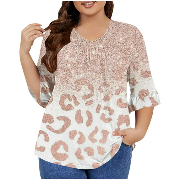 Tmtolofot 2024 Fashion Cotton Tshirts Womens Polka Dot Print Ruffle Sleeve Top Ladies Plus Size Loose Blouse Tees Casual 3/4 Sleeve Fitted Shirts,2_Khaki,4X-Large