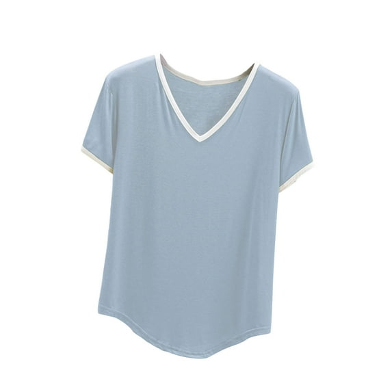 Tmtolofot 2024 Spring Summer Tops Solid Color V Neck Loose T-Shirts Black/White Coller Tees High Low Hem for Leggings,1_Light Blue,Medium