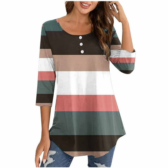 Tmtolofot 2024 Summer Basic Top for Women Roundneck Color Block Tunic Blouse Female Casual Ornamental Button Tees Shirts Womens Loose Fitted Shirt With Leggings,1_Brown,Large
