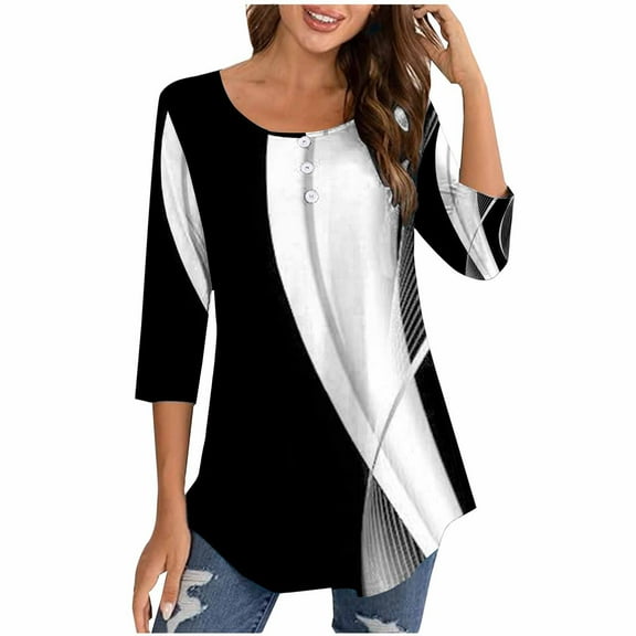 Tmtolofot 2024 Summer Basic Top for Women Roundneck Color Block Tunic Blouse Female Casual Ornamental Button Tees Shirts Womens Loose Fitted Shirt With Leggings,2_Black,Medium