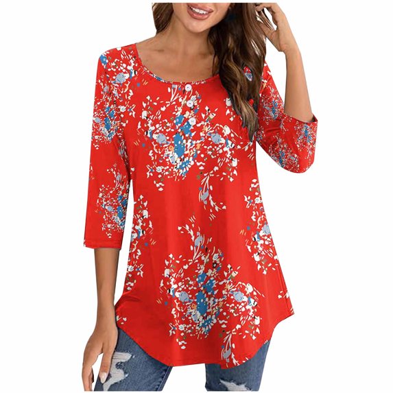 Tmtolofot 2024 Summer Basic Top for Women Roundneck Color Block Tunic Blouse Female Casual Ornamental Button Tees Shirts Womens Loose Fitted Shirt With Leggings,4_Red,X-Large