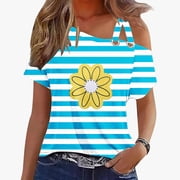 Tmtolofot 2024 Summer Fashion Stripe Tops Women Sexy Cold Shoulder Short Sleeve Shirts Casual Loose Comfy Tees Female Basic Spaghetti Straps Top,1_Blue,Large