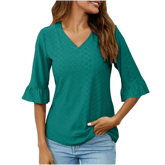 Tmtolofot 2024 Summer Fashion T Shirts Women's V Neck Bellsleeve Tops Womens Casual 3/4 Sleeve Shirt Sexy Slim Fit Tops With Leggings Loose Comfy T-Shirts,1_Orange,XX-Large