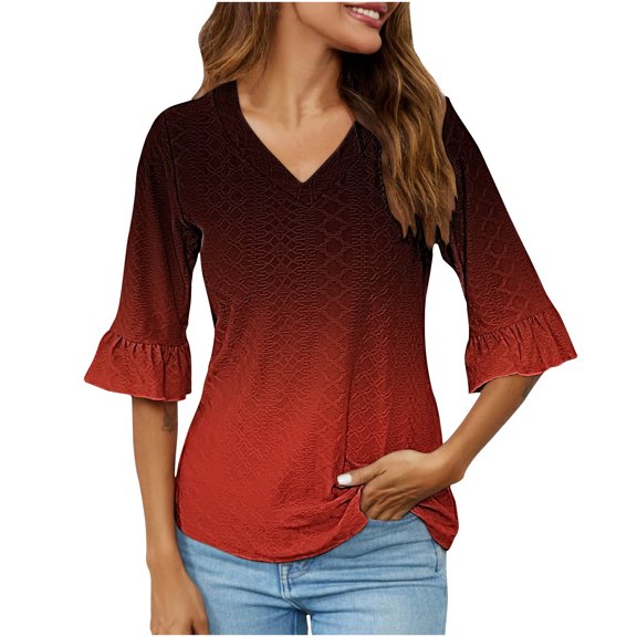 Tmtolofot 2024 Summer Fashion T Shirts Women's V Neck Bellsleeve Tops Womens Casual 3/4 Sleeve Shirt Sexy Slim Fit Tops With Leggings Loose Comfy T-Shirts，5_White，XX-Large