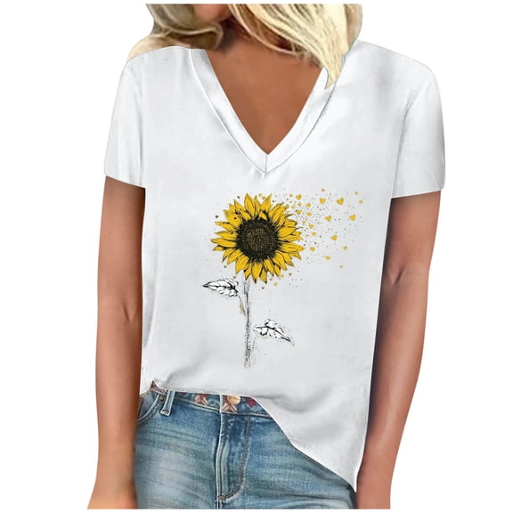 Tmtolofot 2024 Summer Flower Printed Tops for Womens Solid Color V Neck Short Sleeve Shirts Female Casual Loose Dressy Sweatshirts High Low Hem Tees for Leggings,1_White,XX-Large