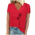 thumbnail image 1 of Tmtolofot 2024 Summer Flower Printed Tops for Womens Solid Color V Neck Short Sleeve Shirts Female Casual Loose Dressy Sweatshirts High Low Hem Tees for Leggings,4_Red,Small, 1 of 3