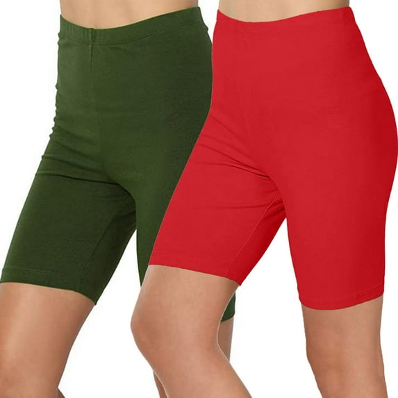 Tmtolofot 2024 Summer Trendy Mid Waisted Yoga Shorts Solid Color Biker Shorts for Women Elastic Workout Running Gym Shorts Gym Yoga Running Short Pants,2 Pack , 1#Red , Medium