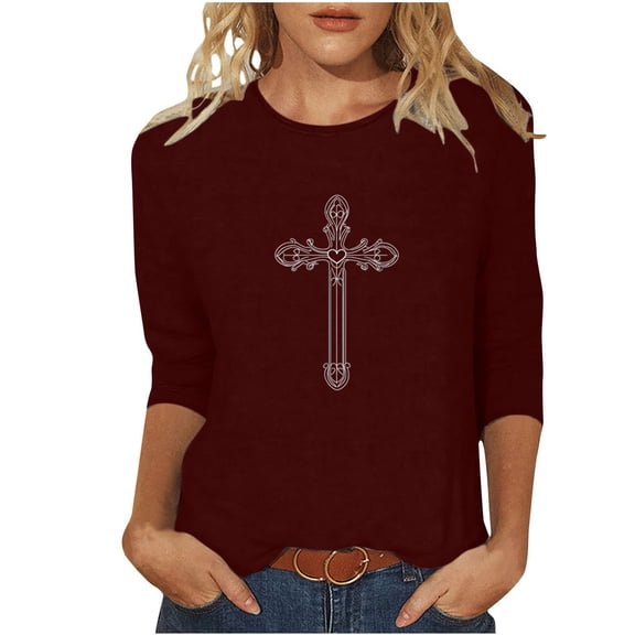 Tmtolofot 3/4 Length Sleeve Womens Tops Cross Heart Inspirational Religious Christian Faith T-Shirt Funny Print Tees Crewneck Blouses Fashion Trendy Clothes Three Quarter Sleeve Top Wine XXXL