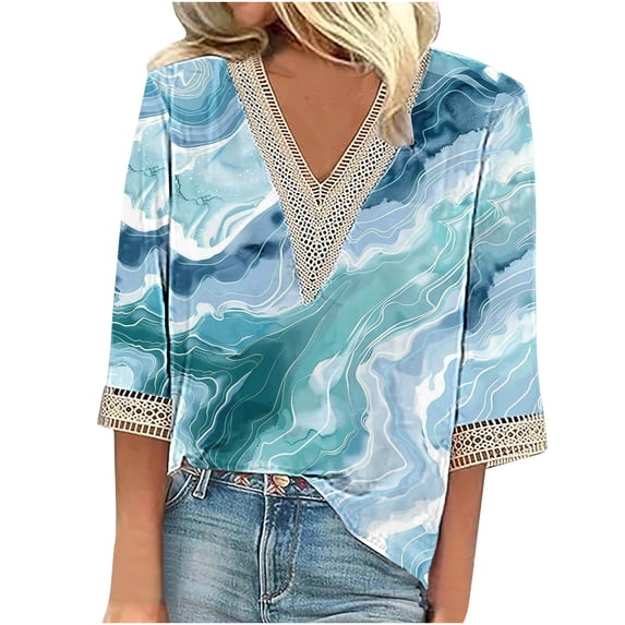 Tmtolofot 3/4 Sleevel Tops For Womens Sexy Lace Pleated Blouse Women Petal Print T-Shirt Casual Comfy T-Shirts Women's Crew Neck Top Female Hollow Out Tees Shirt,5_Multicolor,5X-Large