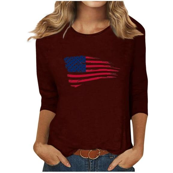 Tmtolofot 4Th Of July Shirts for Women 3/4 Sleeve Plus Size T Shirt Independence Day Tank Tops American Flag Shirt Usa Stars Stripes Graphic Patriotic Tees,1_Wine,Medium